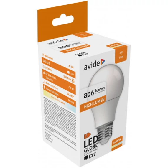 Avide LED Globe A60 8W E27 NW 4000K