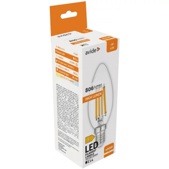 Avide LED Filament Candle 6W E14 NW 4000K High Lumen