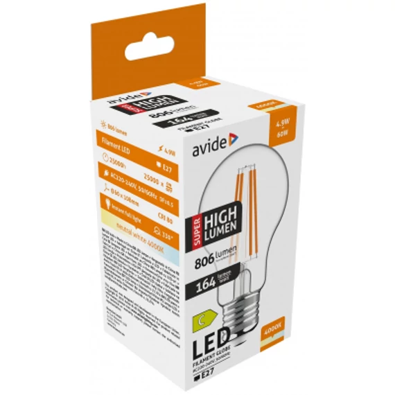 Avide LED Filament Globe 4.9W E27 A60 NW 4000K Super High Lumen