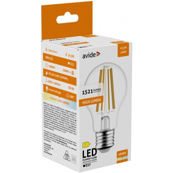 Avide LED Filament Globe 10.5W E27 A60 NW 4000K High Lumen