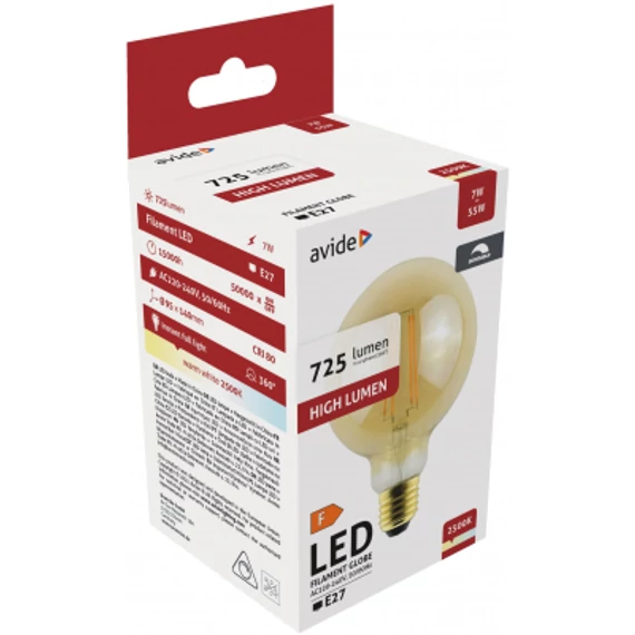 Avide LED Filament Globe G95 7W Fényerőszabályzós Borostyán E27 WW 2500K