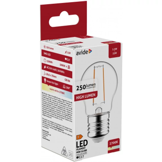 Avide LED Filament Mini Globe 2.5W E27 WW 2700K