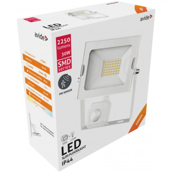 Avide LED Reflektor Slim SMD 30W NW 4000K Mozgásérzékelős PIR Fehér