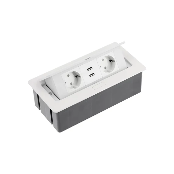 Asztalba süllyeszthető irodai elosztó, IP20, 2x (2P+F), 2xUSB (2,1A 5V), fehér, SCHUKO, kábellel