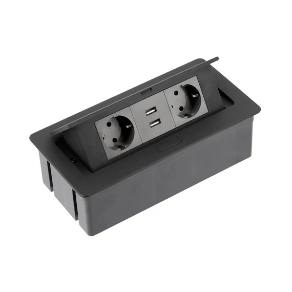 Asztalba süllyeszthető irodai elosztó, IP20, 2x (2P+F), 2xUSB (2,1A 5V), fekete, SCHUKO, kábellel