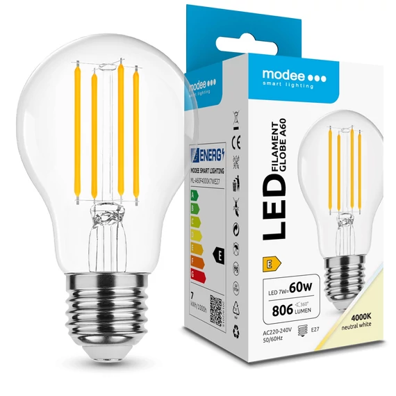 Modee LED Izzó Filament A60 7W E27 360° 4000K (806 lumen) ERP