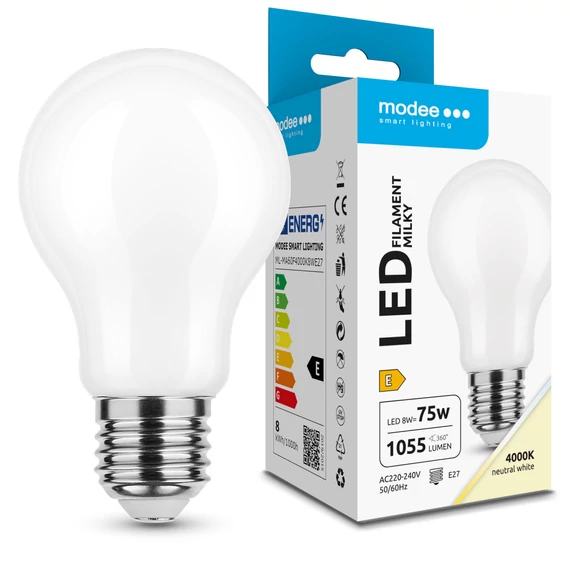 Modee LED Izzó Filament Milky Globe A60 8W E27 360° 4000K (1055 lumen) ERP