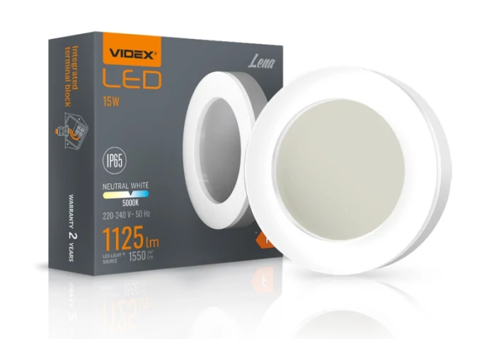 Videx Lena 15 W-os  átm.190 mm kerek natúr fehér  fehér mennyezeti lámpa IP65-ös védettségű