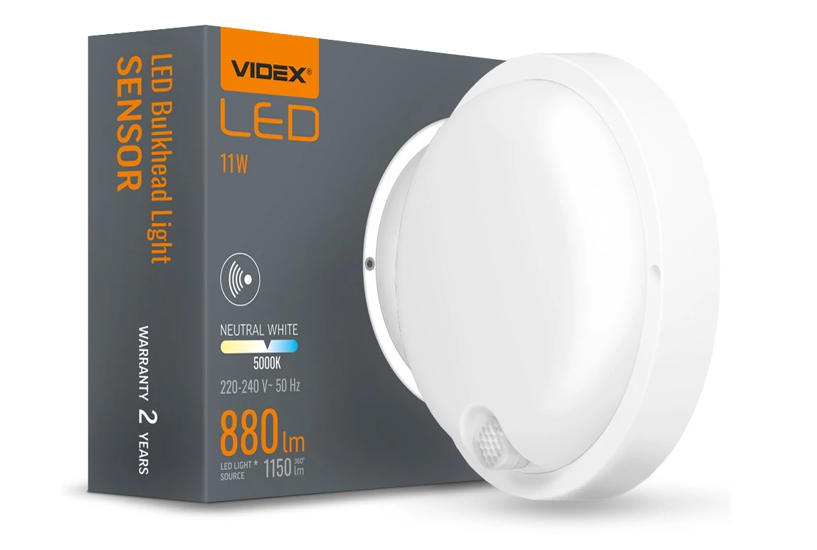 Videx Kira 11 W-os  átm.170 mm kerek natúr fehér  fehér mennyezeti lámpa IP65-ös védettségű beépí­tett mozgásérzékelővel
