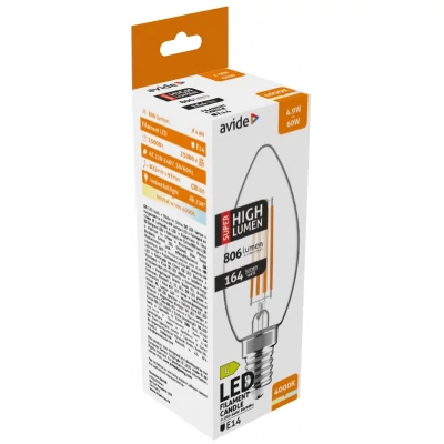 Avide LED Filament Candle 4.9W E14 NW 4000K Super High Lumen