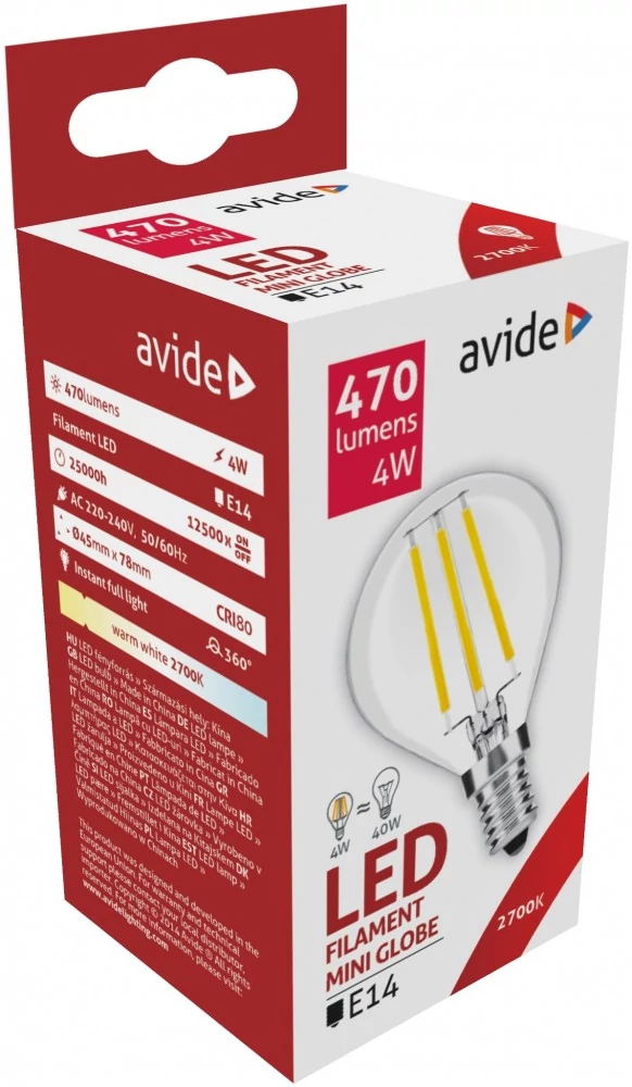 Avide LED Filament Mini Globe 4W E14 WW 2700K