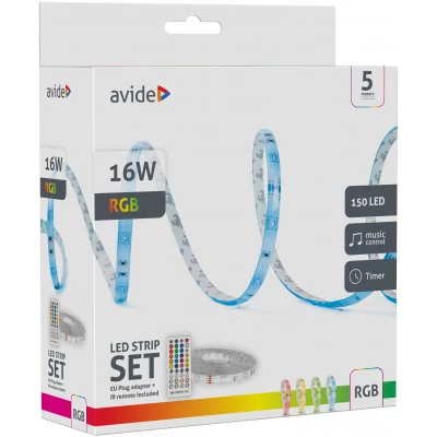 Avide LED Szalag Bliszter 12V 16W RGB 5m Zene vezérlés + IR távirányító