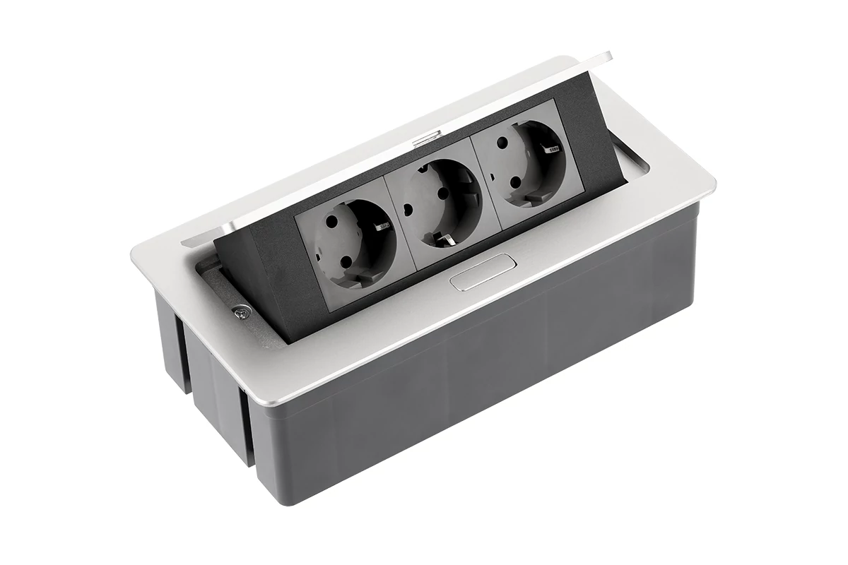 Asztalba süllyeszthető irodai elosztó, IP20, 2x (2P+F), 2xUSB (2,1A 5V), ezüst, SCHUKO, kábellel