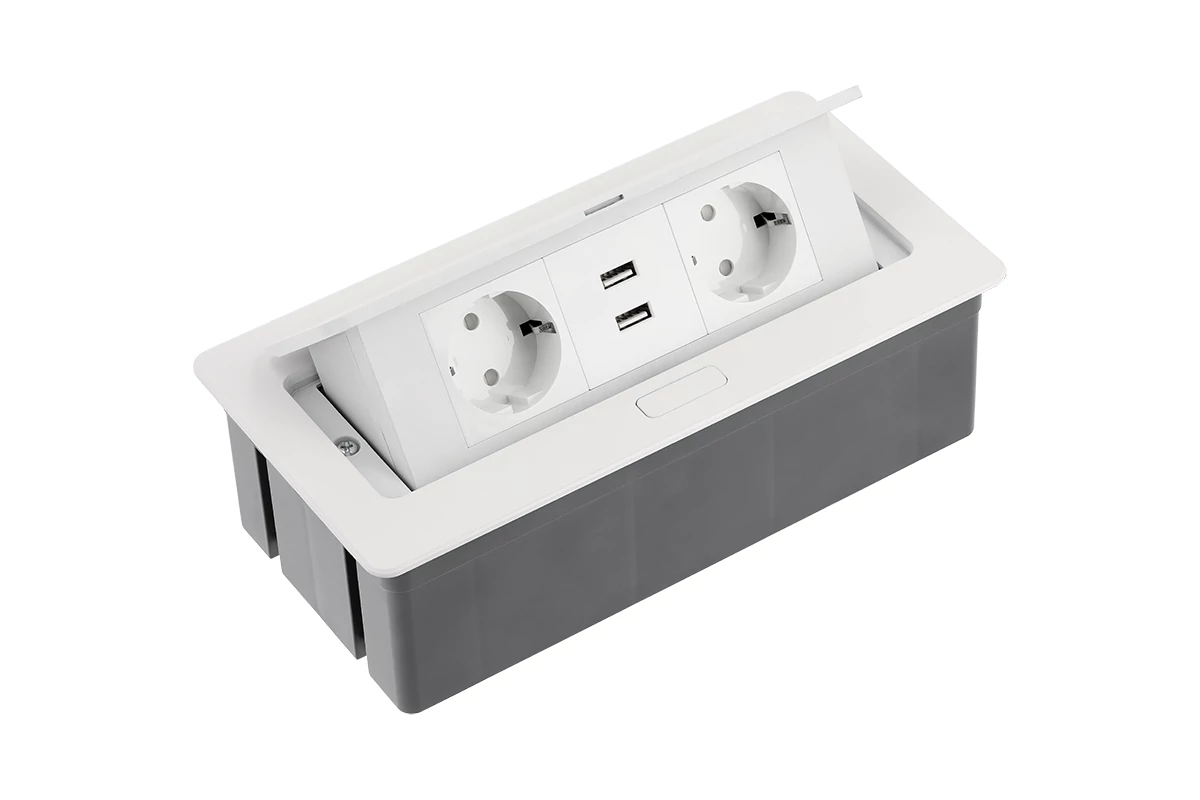 Asztalba süllyeszthető irodai elosztó, IP20, 2x (2P+F), 2xUSB (2,1A 5V), fehér, SCHUKO, kábellel