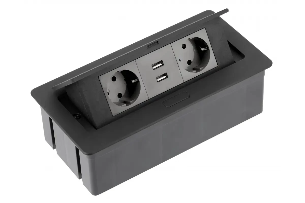 Asztalba süllyeszthető irodai elosztó, IP20, 2x (2P+F), 2xUSB (2,1A 5V), fekete, SCHUKO, kábellel