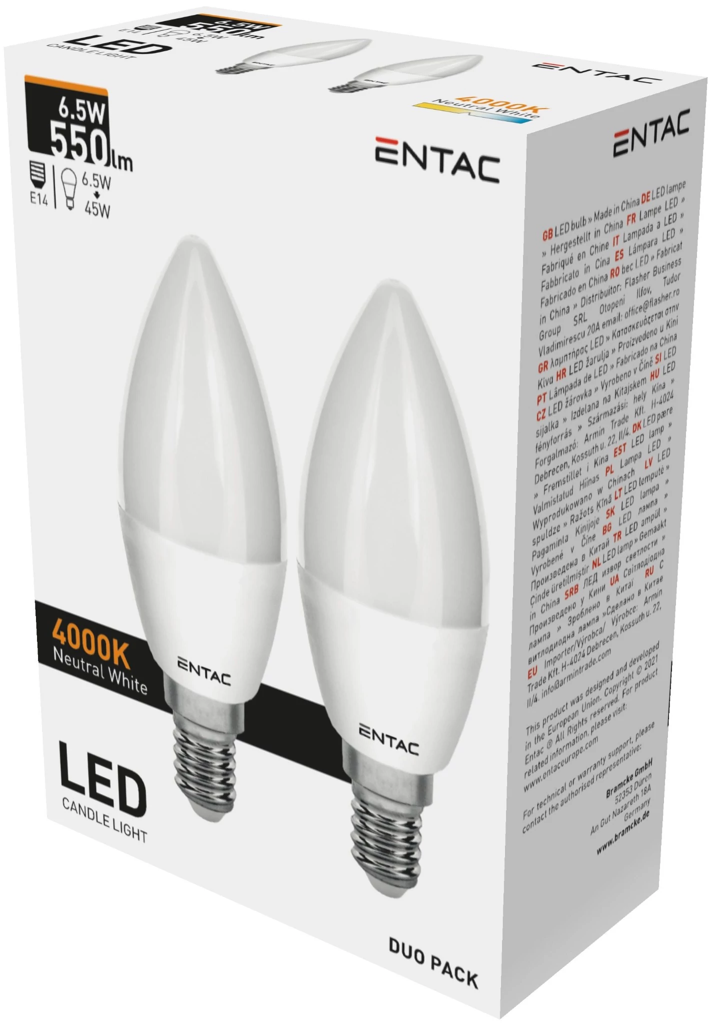 Entac LED Candle E14 6,5W NW 4000K Duo Pack