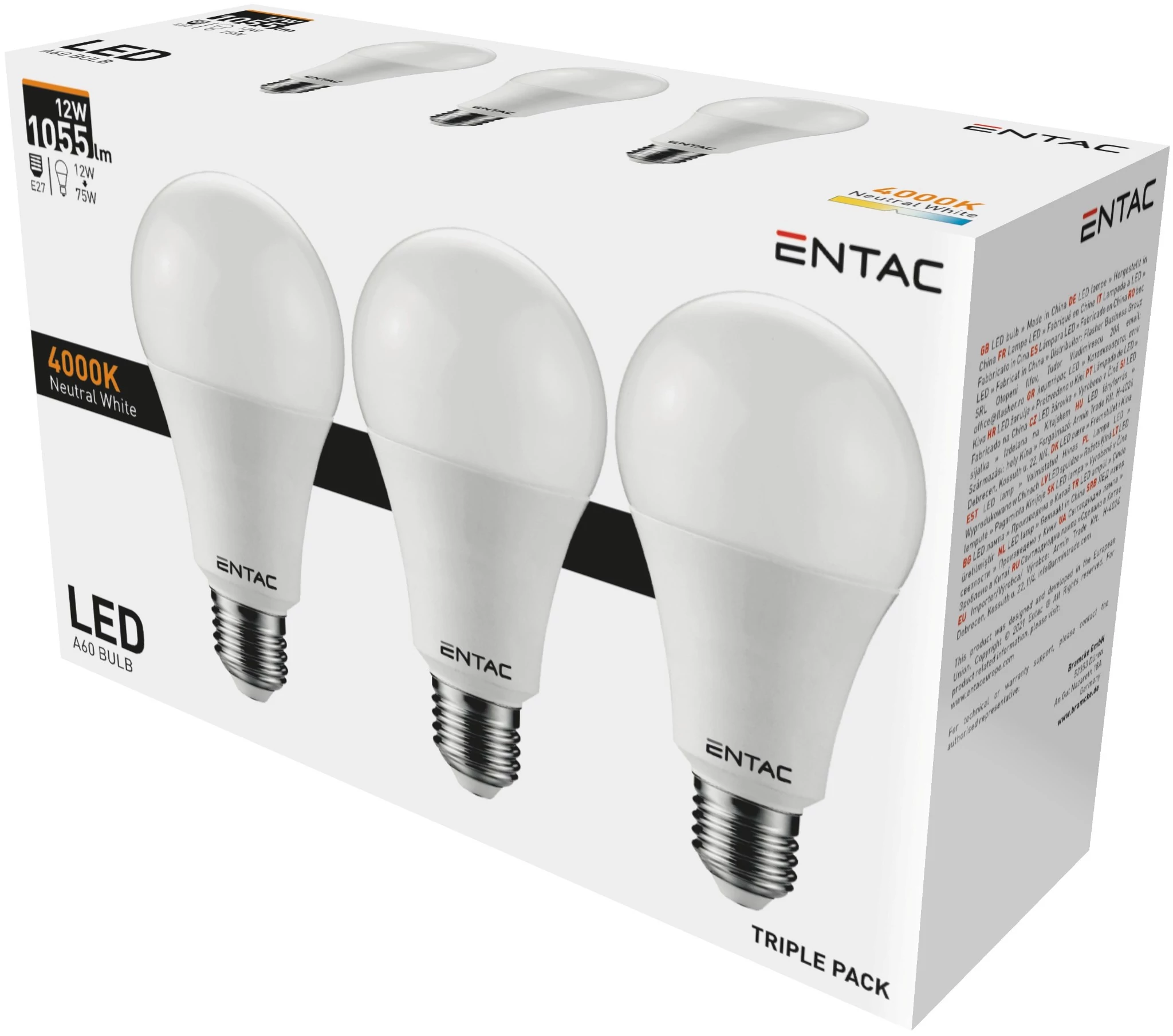 Entac LED Globe E27 12W NW 4000K 3-Pack