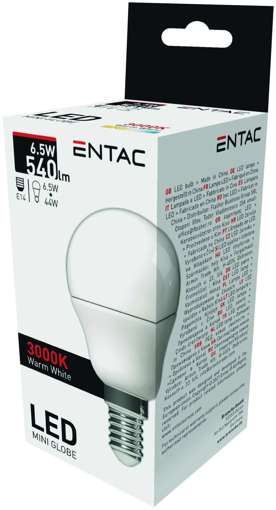 Entac LED Mini Globe E14 6,5W WW 3000K