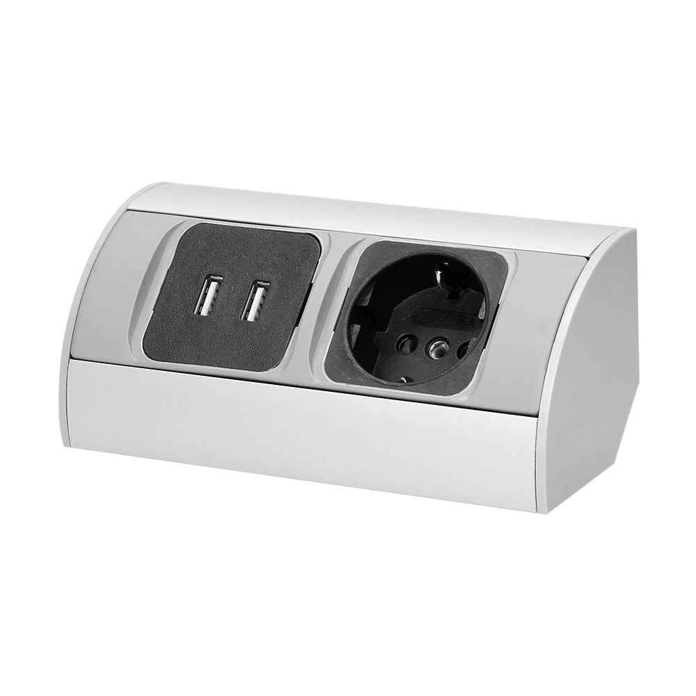 Sarokba illeszthető asztali elosztó, MINI 1x(2P+F),+2 USB töltő, ezüst, SCHUKO, max 3680W