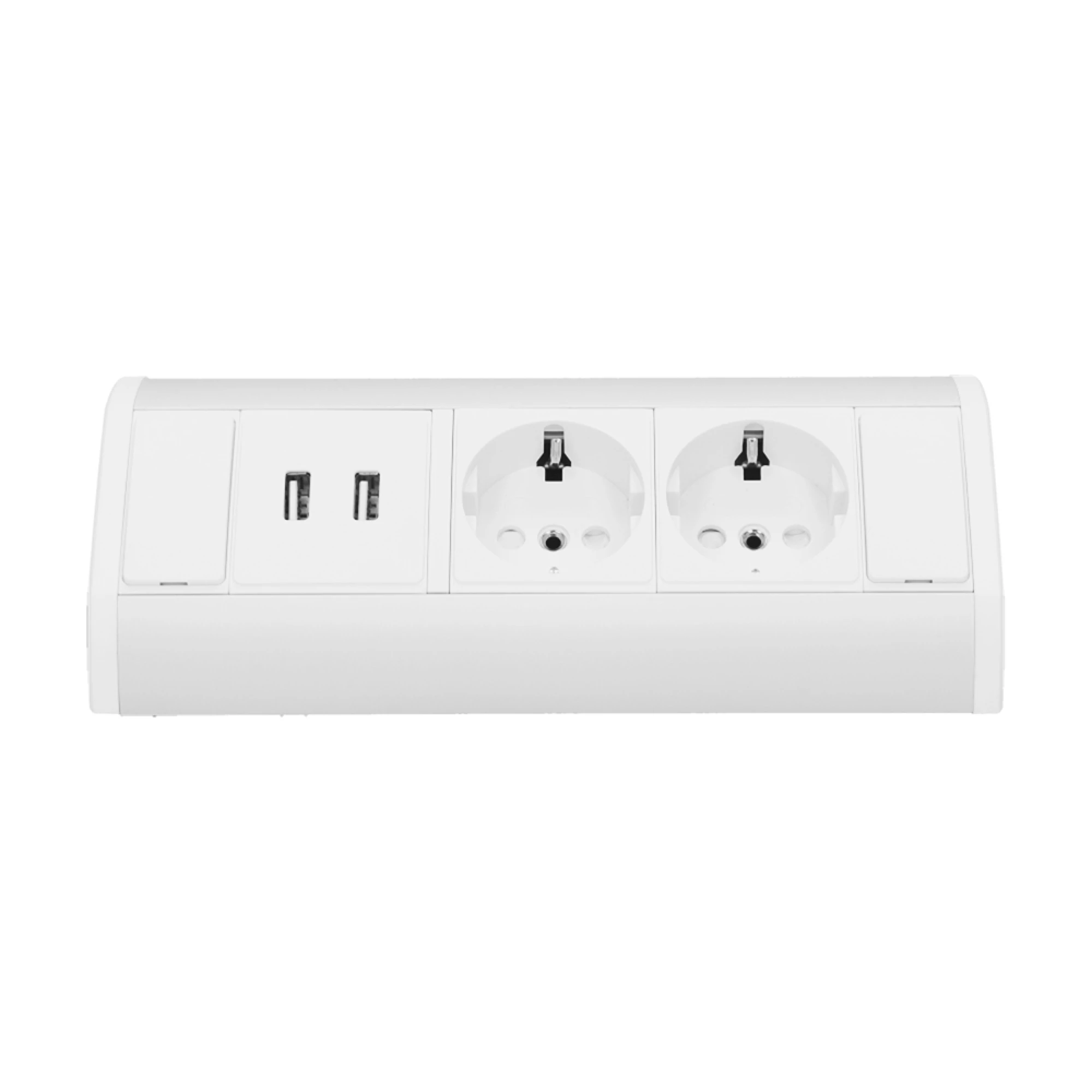 Sarokba illeszthető asztali elosztó, MINI, 2x(2P+F)+ 2xUSB töltő, fehér/ezüst, SCHUKO, max 3680W