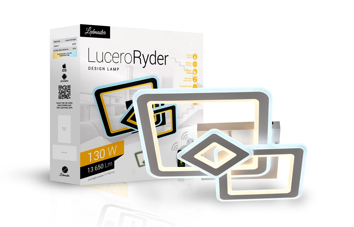 Lucero Ryder 130 W-os  50 cm átmérőjű fehér LED távirányí­tós és mobil applikációval vezérelhető mennyezeti lámpa