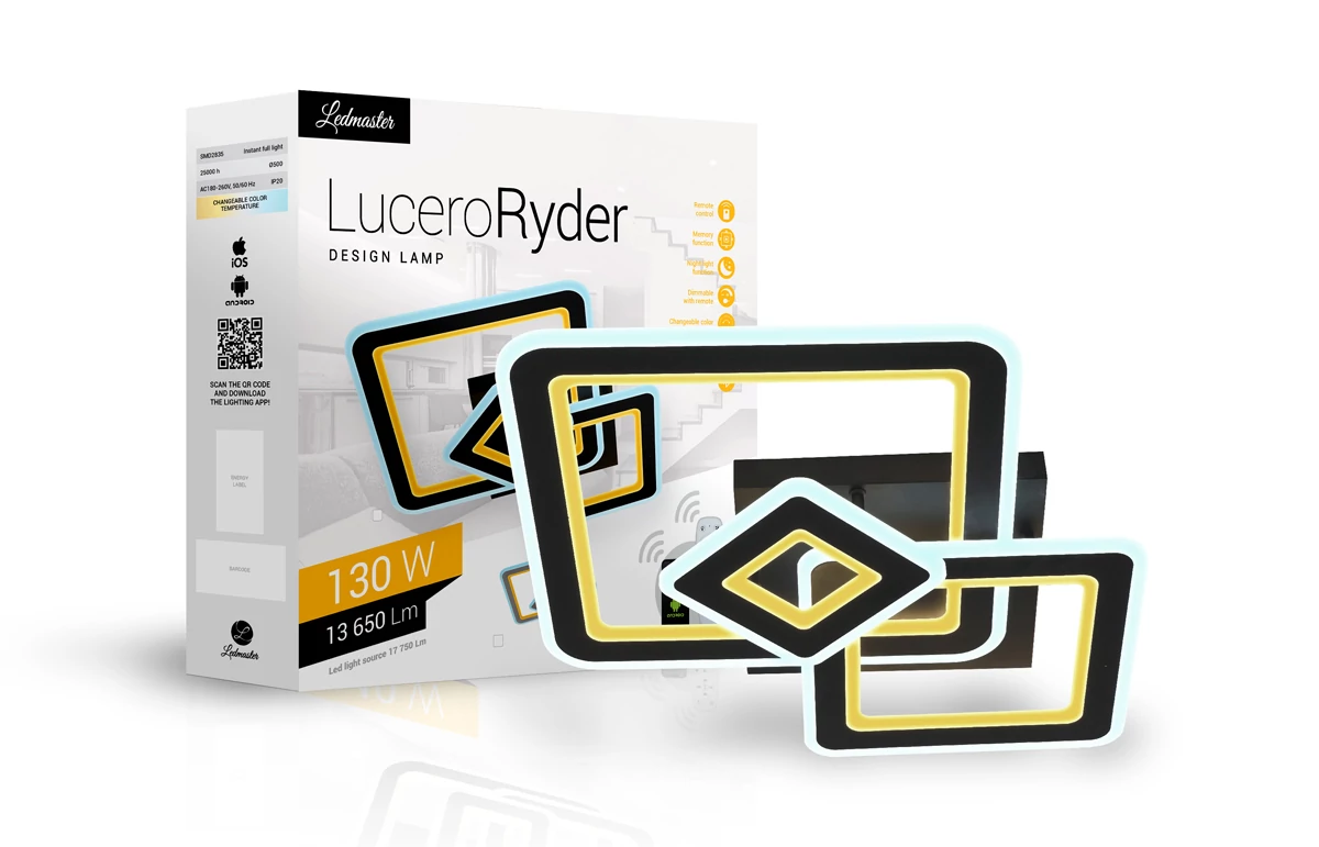 Lucero Ryder 130 W-os  50 cm átmérőjű fekete LED távirányí­tós és mobil applikációval vezérelhető mennyezeti lámpa