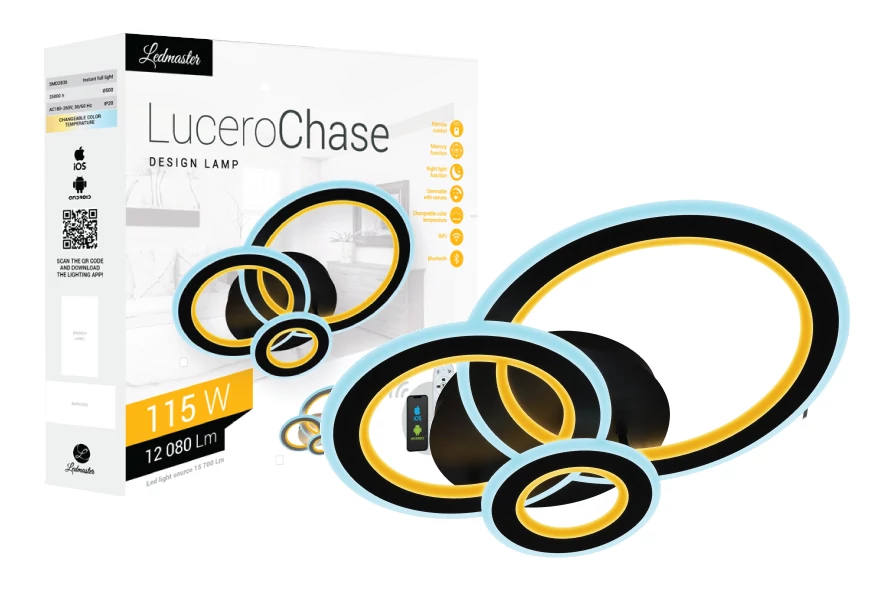 Lucero Chase 115 W-os  50 cm átmérőjű fekete LED távirányí­tós és mobil applikációval vezérelhető mennyezeti lámpa