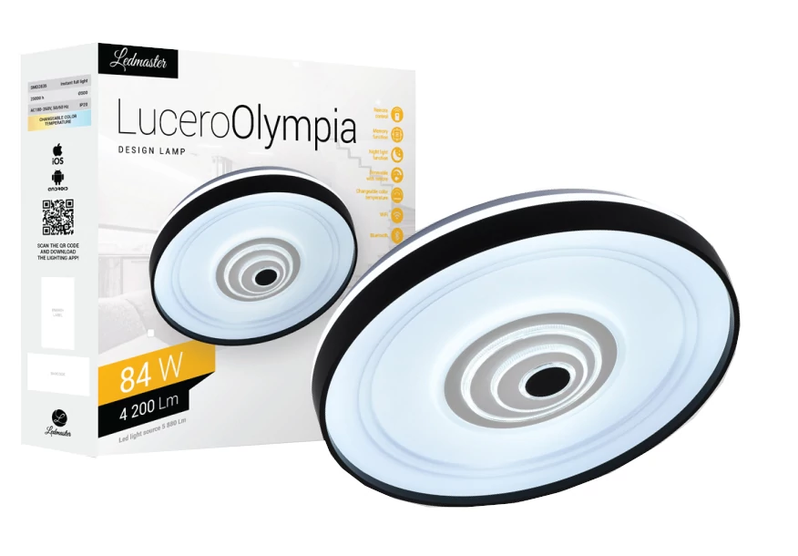 Lucero Olympia 84 W-os  50 cm átmérőjű fehér LED távirányí­tós és mobil applikációval vezérelhető mennyezeti lámpa