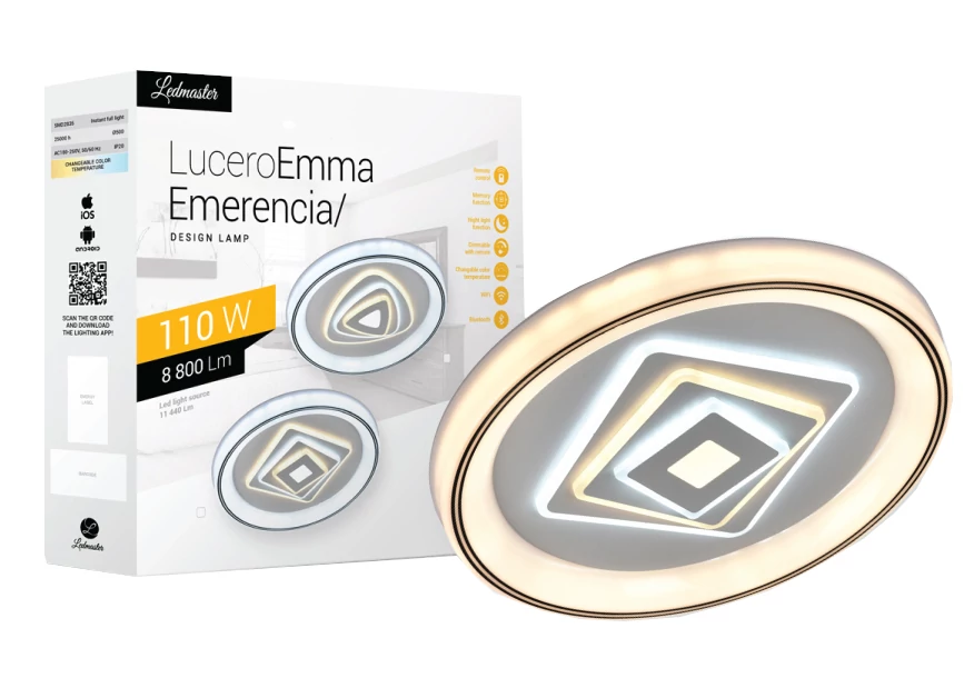 Lucero Emerencia 110 W-os  50 cm átmérőjű fehér LED távirányí­tós és mobil applikációval vezérelhető mennyezeti lámpa