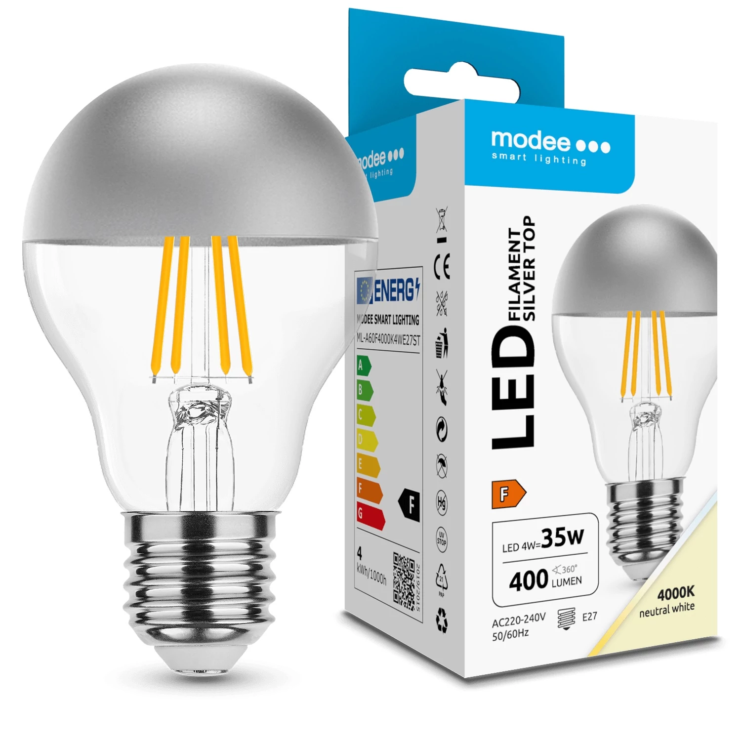 Modee Lighting LED Izzó Filament A60 Silver Top 4W E27 320° 4000K (400 lumen)