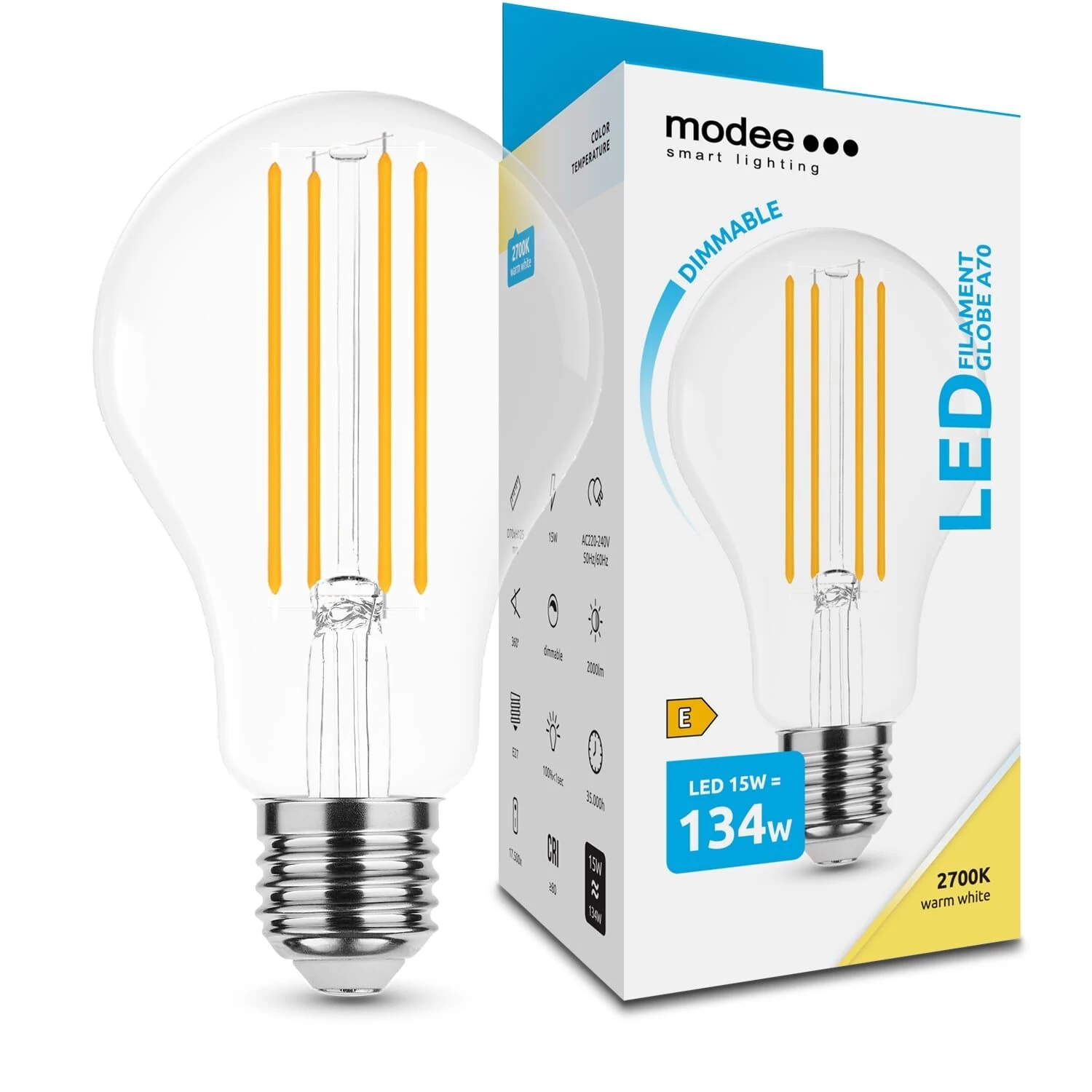 Modee LED Izzó Filament A70 15W E27 360° 2700K (2000 lumen) dimm. ERP