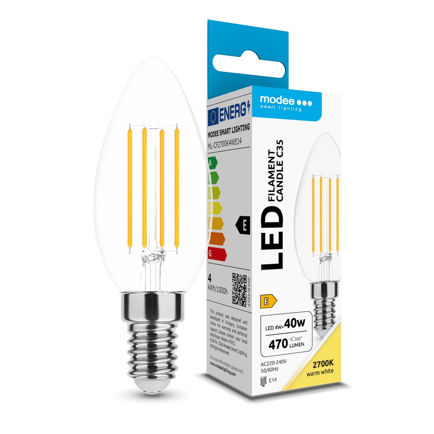 Modee LED Izzó Filament Gyertya C35 4W E14 360° 2700K (470 lumen) ERP