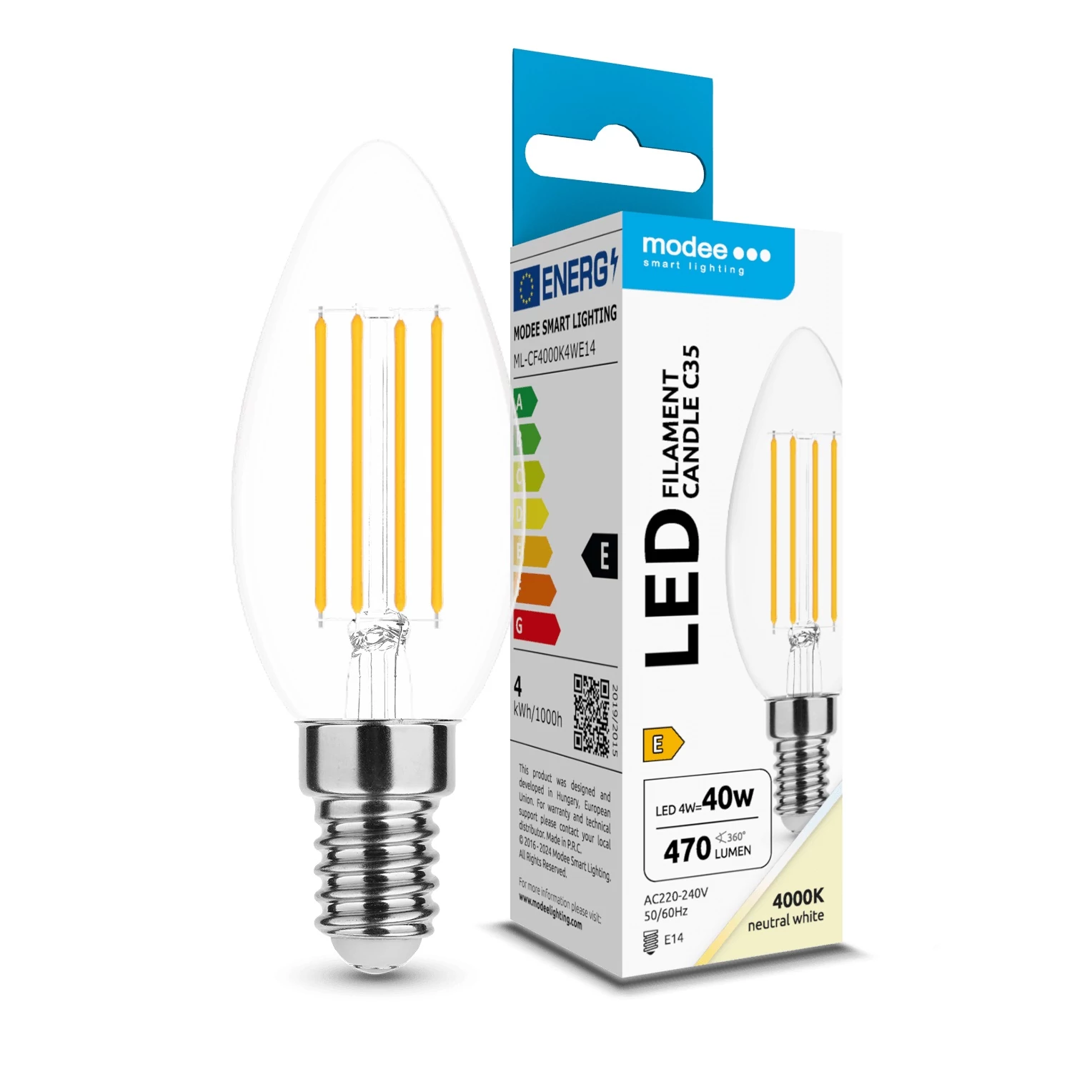 Modee LED Izzó Filament Gyertya C35 4W E14 360° 4000K (470 lumen) ERP