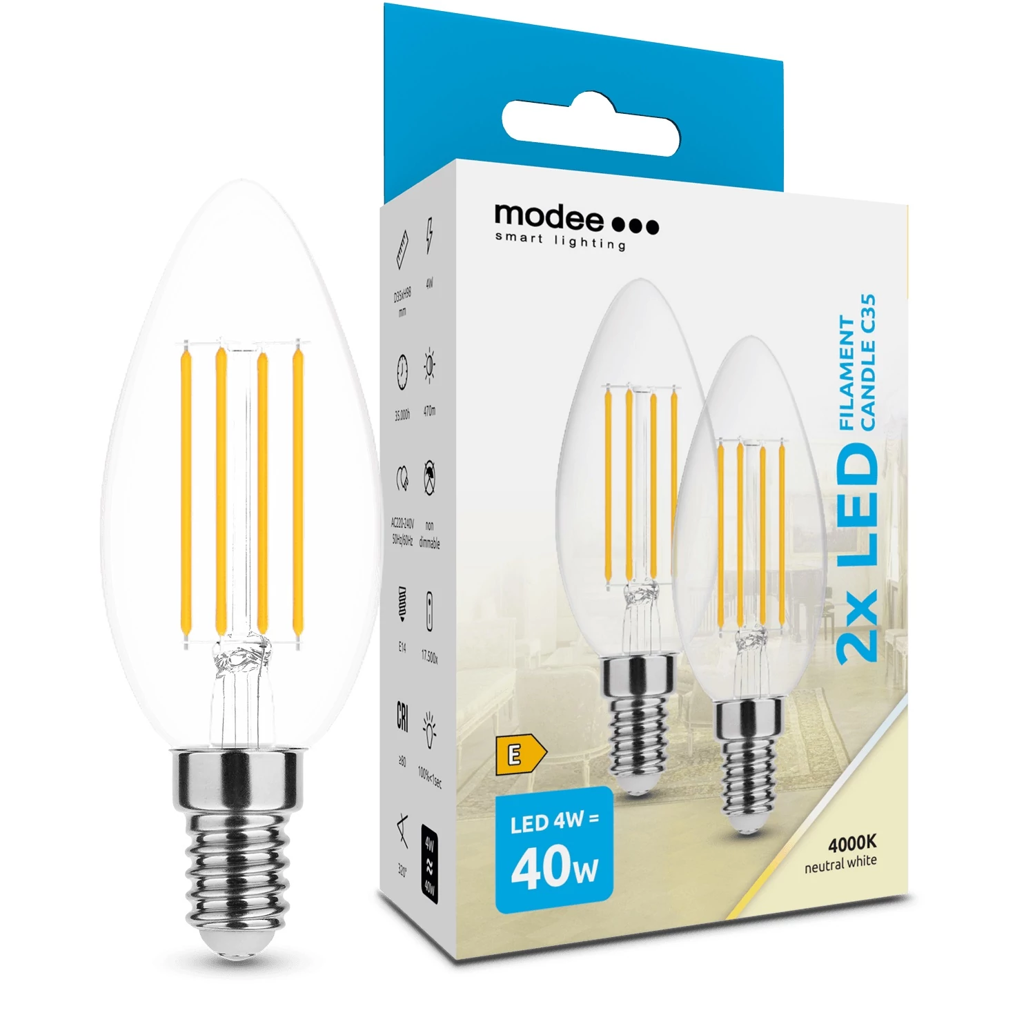 Modee LED Izzó Filament Gyertya C35 4W E14 360° 4000K (470 lumen) ERP B2