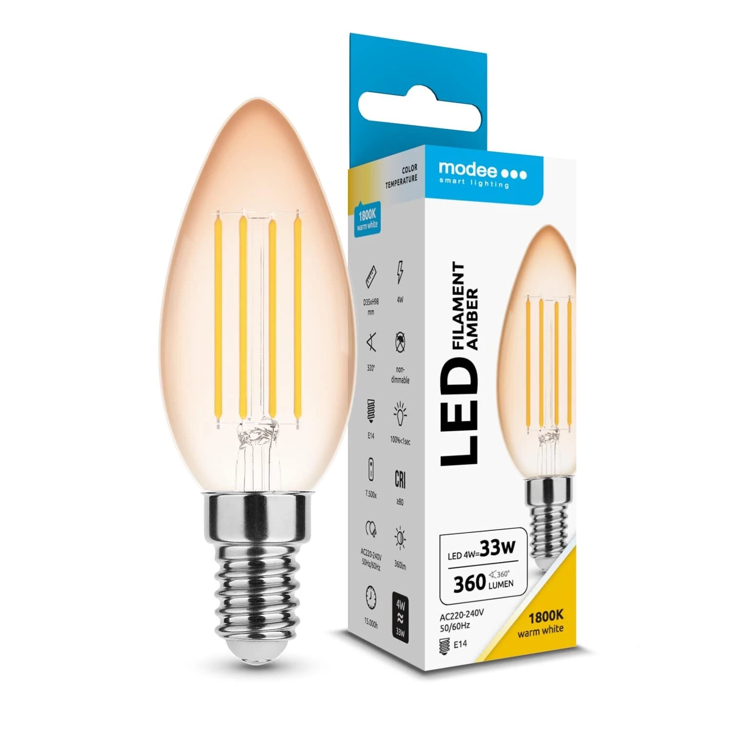 Modee Lighting LED Filament Amber Candle C35 4W E14 320° 1800K (360 lumen)