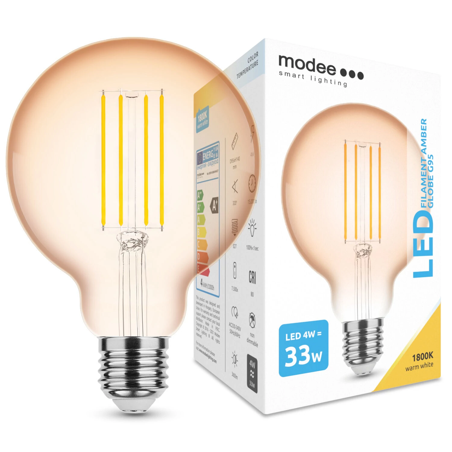 Modee Lighting LED Filament Amber Globe G95 4W E27 320° 1800K (360 lumen)